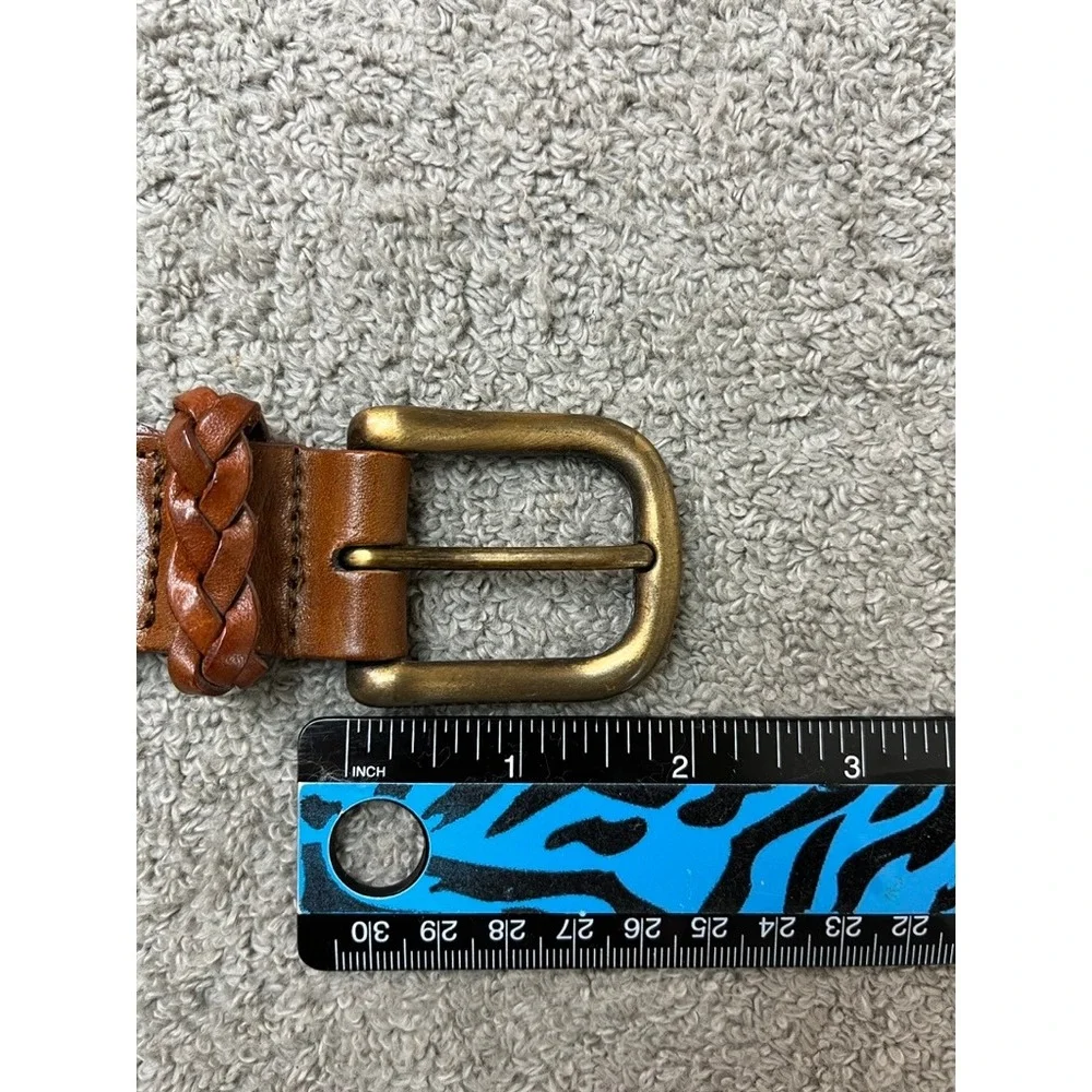 Cognac Brown Woven Braided Leather Belt Brass Buckle Size 44 954048